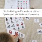 Gratis-Vorlagen für weihnachtliche Spiele und ein Weihnachtsmemory. Kinderhände schneiden Weihnachtskarten aus.