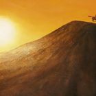 Zwei Reiter auf Pferden reiten einen Hügel hinunter bei untergehender Sonne, in warmen Orangetönen gehaltene Illustration.