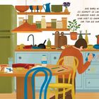 Text: „Das Baby weint. Es schreit so laut, dass es im ganzen Haus zu hören ist. Lina hält es kaum noch aus, ihr tun die Ohren weh.“  
Illustration: Eine Familie in der Küche, ein Kind malt, ein Erwachsener wischt, ein Baby wird gehalten.