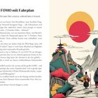 Text: "FOMO mit Fahrplan oder: Wie man Tokio verpasst, während man es besucht." Rechts eine Illustration: zwei Personen auf einem Pfad, mit Bergen und Tempel in der Ferne.