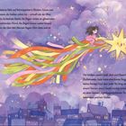 Zwei Textpassagen beschreiben eine Reise durch funkelnde Nächte und flauschige Wolken. Eine Illustration zeigt ein Mädchen auf einem Stern.