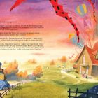 Die Erzählung beginnt mit Vickys Ferien und Abenteuern. Illustration: Ein Haus im Grünen, rotes Dach, verspielte Fantasieelemente.