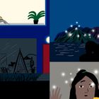Illustration mit vier Szenen: Frau am Fenster, Zimmer mit Leiter, Person vor Bergen am Wasser, Gesicht mit leuchtenden Punkten.