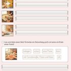 "Haushalt. Schreibe einen vollständigen Satz! Lies und bilde einen Satz! Bilder von Küchenaktivitäten und Satzbausteine."