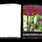 "NOTIZEN · NOTES · NOTES" oben, "IMAGINE TOMORROWS WORLD" unten. Rechte Seite zeigt ein farbiges, abstraktes Kunstwerk.