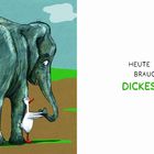 Text: "Heute brauche ich ein dickes Fell." Illustration: Eine Ente umarmt den Rüssel eines großen Elefanten auf einer Wiese.