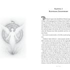 Kapitel 1: Ratingen, Gegenwart. Illustration eines Engels mit ausgestreckten Armen und Flügeln, umrahmt von Symbolen.