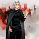 Eine Illustration zeigt einen Mann mit weißem Haar, schwarzem Umhang und Kleidung vor einer stilisierten Stadtsilhouette.