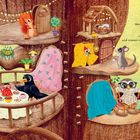 Die Tiere leben gern dort im Baum. Eine Baumhaus-Illustration mit Tieren, die gemütlich wirken; ein Eichhörnchen, Vögel, Maus.