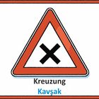 "Kreuzung", "Kavşak". Rotes Dreieck, schwarzes Kreuz. Verkehrsschild-Illustration.