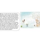 Text über einen Wintermorgen: Apfelbaum und Pfirsichbaum frieren, umarmen sich und bleiben zusammen. Illustration: Zwei Bäume.