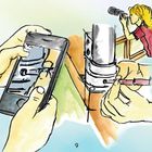 Die Zahl "9" unten. Hände mit einem Smartphone. Frau benutzt ein Mikroskop. Illustration mit hellem Hintergrund.