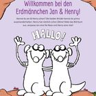 Text: "Willkommen bei den Erdmännchen Jan & Henry! Hallo!" Illustration von zwei lächelnden Erdmännchen, eine rote Ameise.