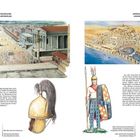 Links: "Trotz mancher Rückschläge...". Oben links: Römische Architektur, unten Helm. Rechts oben: Karte mit Hafen, unten Krieger.