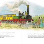 Eine Dampflokomotive mit gelben Wagen fährt vorbei. Zahlreiche Menschen winken, darunter Erwachsene und Kinder. Ein Hund läuft mit.