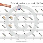 "Tschuck, tschuck, tschuck die Eisenbahn. Noten mit Akkorden. Illustrationen von Händen und Griffbrett."