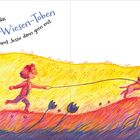 "Julie liebt das Über-die-Wiesen-Toben und nimmt Jessie dann gern mit." Illustration: Kind rennt mit Hund an der Leine durch bunte Wiese.