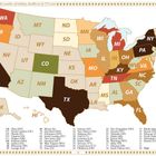 Übersicht über die Anzahl der Whiskeybrennereien in US-Bundesstaaten, mit farbcodierter Karte und Legende von "bis zu 10" bis "bis zu 140".