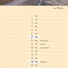Ein Kalenderblatt mit "Februar" oben. Strandbild mit Wellen, eine Person in der Ferne am Wasser. Datumsliste darunter.