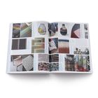 Eine Doppelseite mit Texten neben Fotos von Textilien und Keramiken in verschiedenen Farben und Mustern.