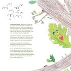 Text über Jana, die Bücher illustriert, die Umwelt und Achtsamkeit thematisieren. Illustration mit grünem Blattgesicht.