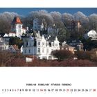 FEBRUAR FEBRUARY FÉVRIER FEBRERO: Kalenderblatt mit Ansicht von Villen auf einem Hügel, Bäume im Winter.