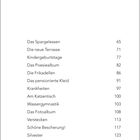 Eine Liste von Titeln mit Seitenzahlen: "Das Spargelessen 65", "Die neue Terrasse 71", bis "Silvester 123". Weiße Fläche.