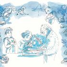 Eine Illustration zeigt zwei Kinder und eine ältere Person an einem Tisch mit Modellbau. Spielsachen umrahmen die Szene.