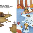 Text: "Es wird dich sicher überraschen, so ein Dreckschwein träumt vom Waschen! Drum findet man im Schweinetraum oft Seife, Wasser, Badeschaum." Links schlafen zwei Schweine im Schlamm. Rechts genießen Schweine eine Wellnessoase mit Dusche und Schaumbad.