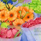 Klaus hangelt sich gekonnt hinab... Blumenmeer vor seinen Augen kaum fassen. Illustration mit Blumen und Frosch.