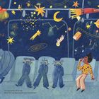 „Hui was ist das All so nah. Kann mich das Raumschiff nicht mitnehmen?“ Illustration: Menschen in einem Zug mit All-Thema.
