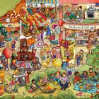 „Ich liebe Essen!“ und „Veggie Burger“ sind zu sehen. Bunte Illustration mit Ständen, Kuchen, Obst und fröhlichen Menschen.