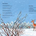 Links Gedicht über Spatzen; rechts über Reh im Schnee. Illustration: Winterlandschaft, Spatzen im Strauch, Reh im Wald.