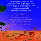 Texte auf Deutsch und Italienisch über einen Löwen, der sein Gebrüll nicht mag. Illustration einer Savanne mit Tieren.