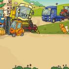 Illustration von lächelnden Fahrzeugen inklusive Traktor, Mähdrescher und Gabelstapler auf einem ländlichen Hof.