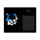 Links: Blaue und weiße Totenkopfillustration mit Zielkreuz. Rechts: "KAPITEL 5 Spirit" und Textbeginn. Seite 75 unten.