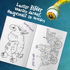 "Lustige Bilder warten darauf, ausgemalt zu werden." Oben ein Augapfel, Buch mit Monster 'Sumpfgnarre', Fantasie-Fahrzeug.