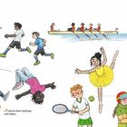 Kinder machen verschiedene Sportarten: Fußball, Kampfsport, Ballett, Tennisspielen, Rudern, Segeln, Reiten.