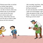 Zwei Kinder mit Rucksäcken laufen, ein Mann mit Kiste voller Äpfel bietet ihnen Äpfel an. Dialoge über Vernunft und Schulalltag.