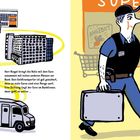 Links: Ein Geldtransporter bewegt sich von einer "Staatliche Münze" über eine "Bank" zu einem Tresor. Rechts: Ein Sicherheitsmann geht zu einem Supermarkt.