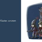 „Der Unterwelt einen neuen Fürsten schicken.“ Drei Figuren tragen einen Thron, verkleidet mit Helmen und Hörnern.