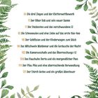 Eine Liste von Titeln mit Zahlen. Umrahmt von grünen Blättern und Farnen.