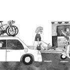 Illustration: Ein Eisstand mit "Gelato"-Schild. Menschen in einer belebten Straße, darunter ein Auto, Roller und Hund.