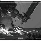 Text: "EDDA, TYR, 83/100, GNA OFFLINE, SAGA OFFLINE, VIDAR OFFLINE, SURTR LV.57". Eine riesige Kreatur mit Schwert, Soldaten vorne.