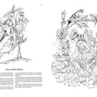 "Das schöne Kleid." Links eine Elfe mit Flügeln unter Glockenblumen. Rechts Elfen mit Blumen, eine trägt ein fließendes Kleid.