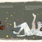 Text links: "Die Katze setzt sich hin und wartet ab. Aber nichts passiert. Rein gar nichts." Rechts: "Wenn man abwartet, tut das den Dingen nicht gut, sagt der Hund. Es ist besser, einfach auf sie zu warten, ohne etwas von ihnen zu erwarten. Sonst bleiben sie weg." Abbildung zeigt eine sitzende Katze und einen liegenden Hund mit Farbsprenkeln.