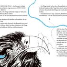 Eine Illustration zeigt einen Bussard mit einem blauen Auge, eine Fliege fliegt in Schlaufen umher.