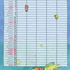 Kalender für Dezember mit weihnachtlichen Illustrationen: Figuren im Santa-Look und ein Vogel mit Mütze.