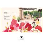 Text: Himbeerrot. Erdbeeren, Kirschen, Mohn, Melonenlächeln. Illustration: Kinder im Garten mit Pflanzen und Blumen.