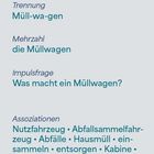 Der Text erklärt: "Müllwagen" wird getrennt als "Müll-wa-gen"; Mehrzahl: "die Müllwagen". Frage: "Was macht ein Müllwagen?" Begriffe: Nutzfahrzeug, Abfälle, Recycling.